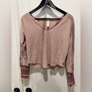 Anthropologie Dusty Rose Waffle-Knit Long Sleeve Top with Patterned Cuffs